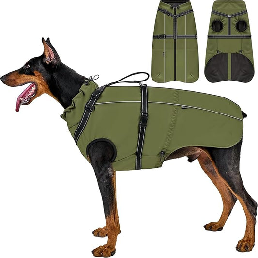 OneTigris Dog Coat with Harness - Reflective Adjustable Coats for Medium and Large Dogs, Waterproof Warm Winter Coat, Soft Heavy Fleece Lining with Back Zipper Dog Jackets