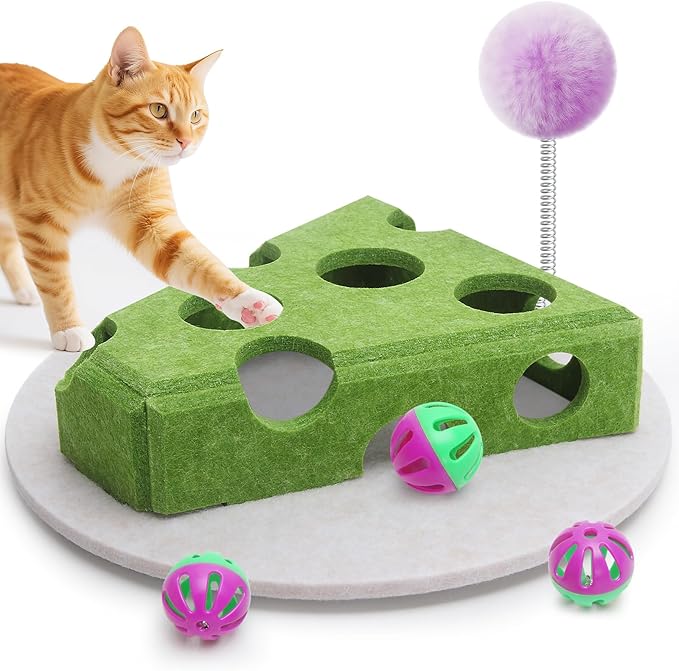Interactive Felt Cat Toy Box for Indoor Cats,Puzzle Toy with 3 bell Balls & Spring Teaser Pet Games Self Play Fun Exercise Hide Seek Moving Cat Toy for Bored Cats Encourages Hunting Instincts (Green)