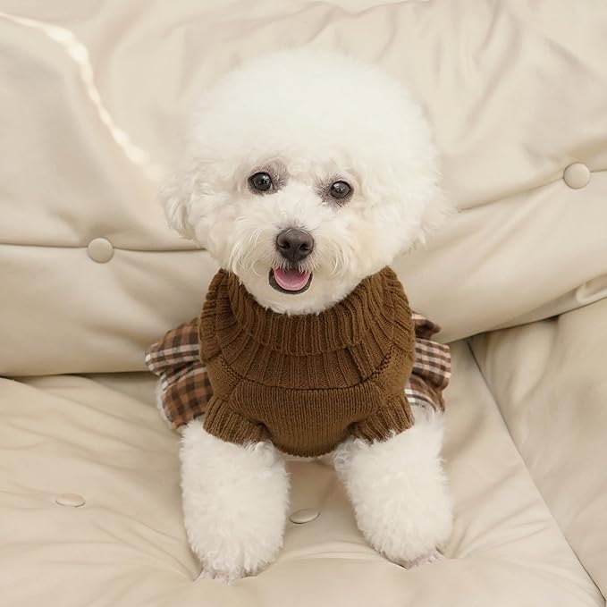 WOYYHO Girl Dog Sweater Dress with Bowtie Turtleneck Small Dogs Sweater with Leash Hole, Knitted Small Dog Sweaters Dress Puppy Winter Clothes for Yorkies Chihuahua (Medium, Brown)