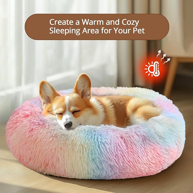 JOLLYVOGUE Calming Dog & Cat Bed for Small Dogs, Anti-Anxiety Donut Cuddler Cozy Soft Round Bed with Anti-Slip Bottom, Fluffy Faux Fur Plush Cushion Beds for Small Medium Dogs, 20"/Rainbow
