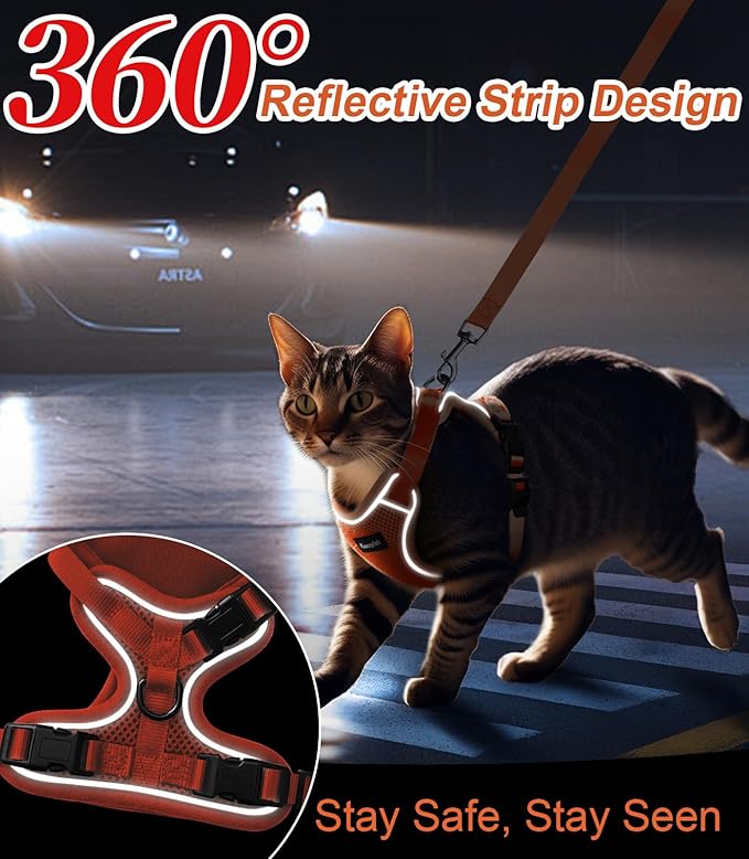 Cat Harness and Leash for Walking Escape Proof Soft Adjustable Cat Leash Breathable Comfortable Vest Easy to Wear Kitten Harness for Outdoor Travel Orange S