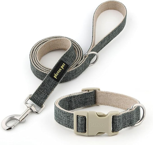 Plutus Pet Cotton Hemp Dog Collar and Leash Set, Adjustable Collar for Small, Medium, and Large Dogs, Heavy Duty and Soft on Skin, Gray, M