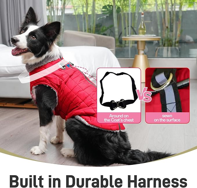 Warm Fleece Dog Coats with Durable Harness Buitl in D-Ring,Waterproof Doggie Jacket for Medium Dogs,Dog Vest for Cold Winter,Red XL