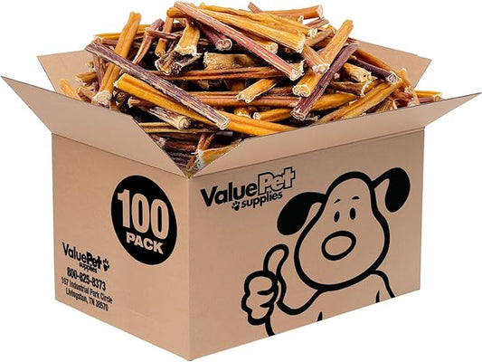 ValueBull Bully Sticks for Small Dogs, Extra Thin 6 Inch, 100 Count Bulk Pack - All Natural, Grass Fed, Single Ingredient, Long Lasting Dog Treats