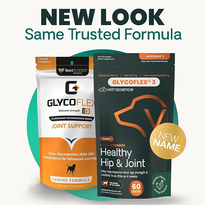 VetriScience GlycoFlex 3 Extra Strength Hip & Joint Supplement for Dogs – Vet Formulated Glucosamine, MSM & Green-Lipped Mussel Chews for Mobility, Flexibility & Joint Support, Chicken Flavor, 60 Cnt