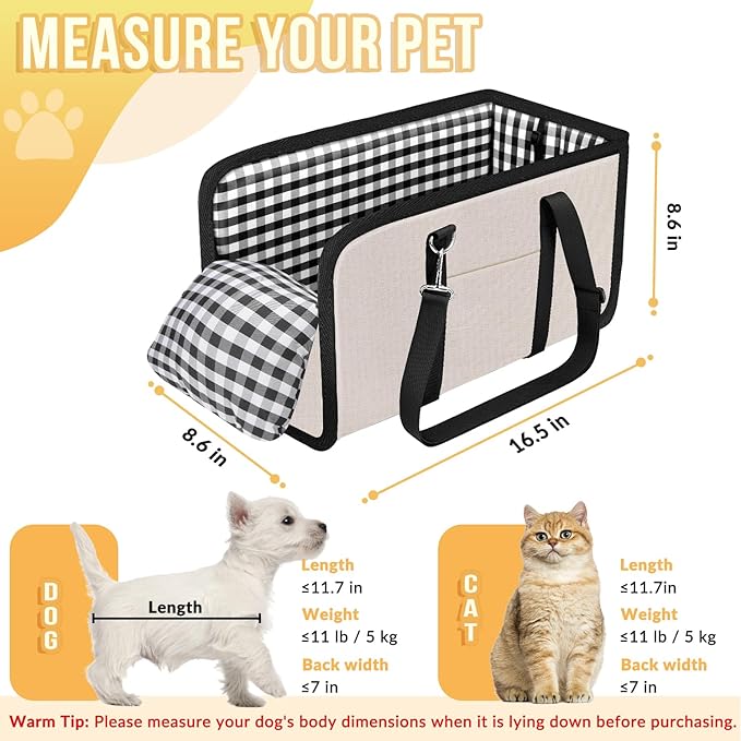 SlowTon Console Dog Car Seat - Portable Dogs Armrest Booster Seat for Small Dog, Anti-Collapse Pet Car Seat with Soft Cushion Safety Belt, Support Pet Up to 11lbs (Beige)