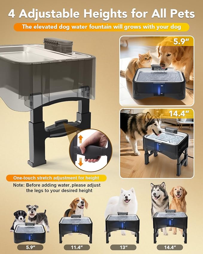 UPSKY 2.25Gal Elevated Dog Water Fountain, 4 Heights Adjustable Pet Fountain for All Dog Sizes, 304 Stainless Steel Tray Indoor Cat Drinking Dispenser with Ultra-Quiet Pump & 2 Replacement Filters