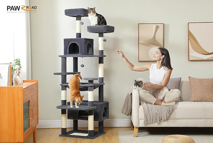 PAWZ Road Large Cat Tree, 72 Inches Cat Tower for Large Cats, Cat Condo with Sisal-Covered Scratching Posts and Pads, 2 Padded Perch, Dual Condo and Basket for Indoor Cats-Dark Gray