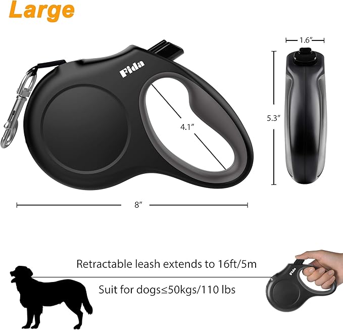 Fida Retractable Dog Leash with Dispenser and Poop Bags, 16 ft Pet Walking Leash for Large Dog up to 110 lbs, Anti-Slip Handle, Tangle-Free, Reflective Nylon Tape (L, Black)