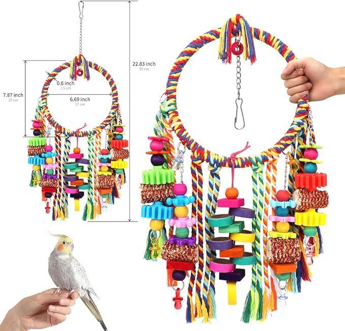 Bird Toys Bird Rope Ring Swing Perch with Corn Cob Cardboard Bagels Wooden Blocks Chewing Toys for Parakeets,Cockatiels,Conure,Lovebirds,Finches and Other Small-Sized Birds