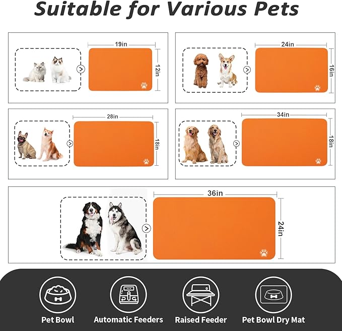 Pet Feeding Mat - Absorbent Dog Mat for Food and Water, No Stains Cat Bowl Mat, Easy to Clean Pet Placemats, Quick Dry Dog Water Dispenser Mat for Messy Drinkers | Paw Orange 12"x 19"