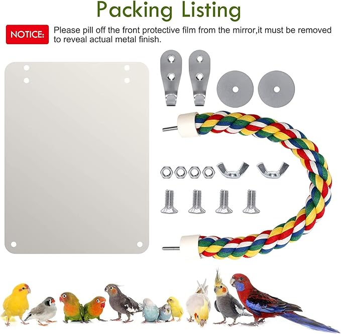 BWOGUE Large Stainless Steel Bird Mirror with Rope Perch Cockatiel Mirror for Cage Bird Toys Swing Parrot Cage Toys for Parakeet Cockatoo Cockatiel Conure Lovebirds Finch Canaries (10.6 Inch)