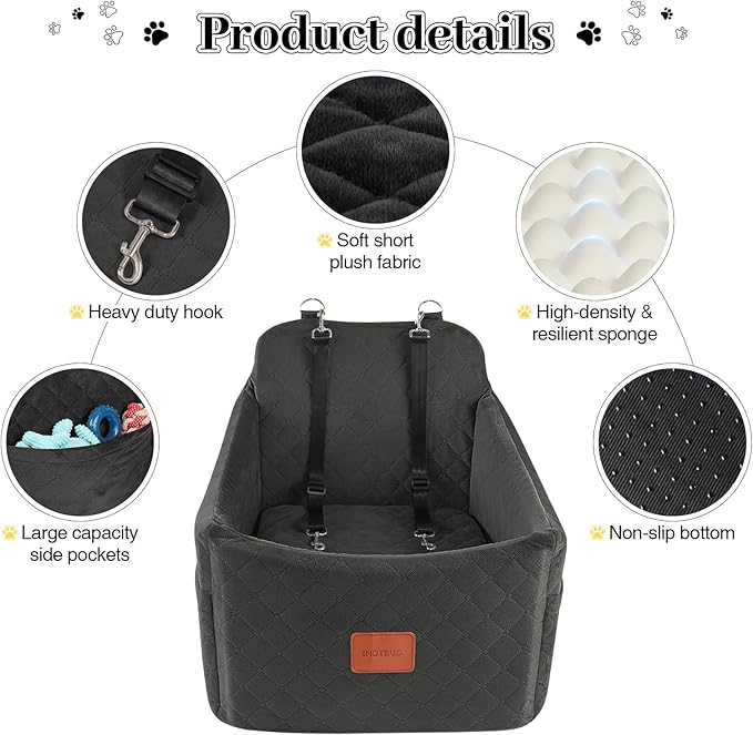 Small Dog Car Seat, Memory Foam Dog Booster Car Seats with Thick Cushion for Medium Dogs Under 35lbs, Detachable Washable Pet Seat with Storage Pockets,2 Safety Belts (Black, Medium)