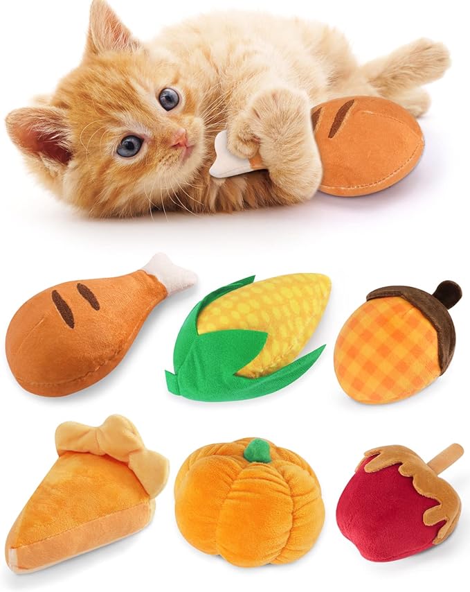CiyvoLyeen 6pcs Thanksgiving Catnip Toys Plush Cat Chew Bite Resistant Toys Interactive Boredom Relief Teeth Cleaning Kitten Toys for Fall Thanksgiving Cat Lover Gift