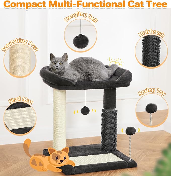 Made4Pets Small Cat Tree Tower, Cat Scratching Post 4-in-1 with Cat Self Groomer Brush, 20" Tall Natural Sisal Cat Scratcher, Soft Plush Cat Perch Bed with Dangling Ball for Indoor Kittens, Dark Grey
