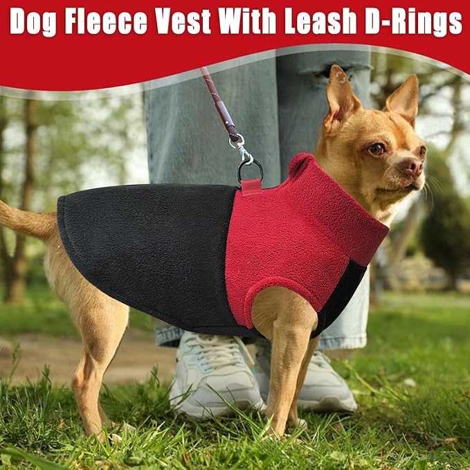 Idepet Dog Fleece Vest Sweater Zip Up Warm Pullover Dogs Jacket with D-Ring Leash Winter Cold Weater Coat Pet Sweatershirt Clothes Hoodie for Small Medium Dogs Boy Girl (Red/Black, XXS)