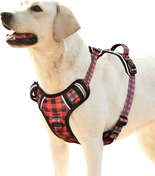 HEELE Dog Harness, No Pull Adjustable Padded Reflective Harness for Small Medium Large Dogs with Handle for Walking Training, Checkered-Red, L