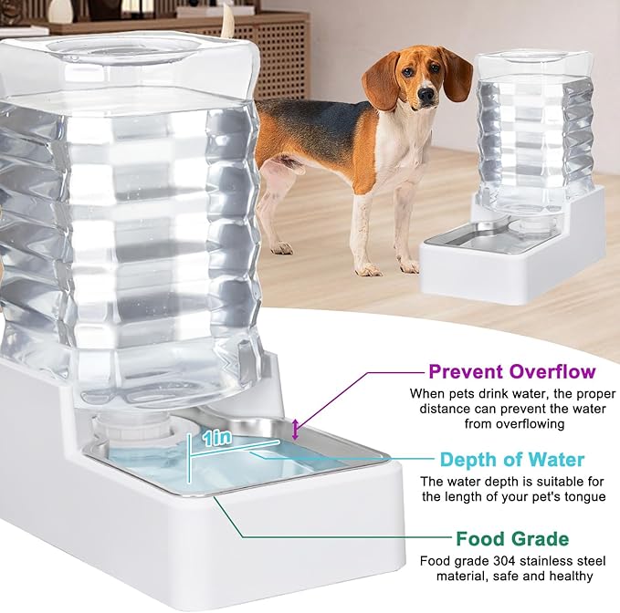 Automatic Dog and Cat Dispenser: 8L White Gravity Feeder with Stainless Steel Bowl - BPA-Free - No Spill Design for Cats and Dogs - Indoor and Outdoor Hydration