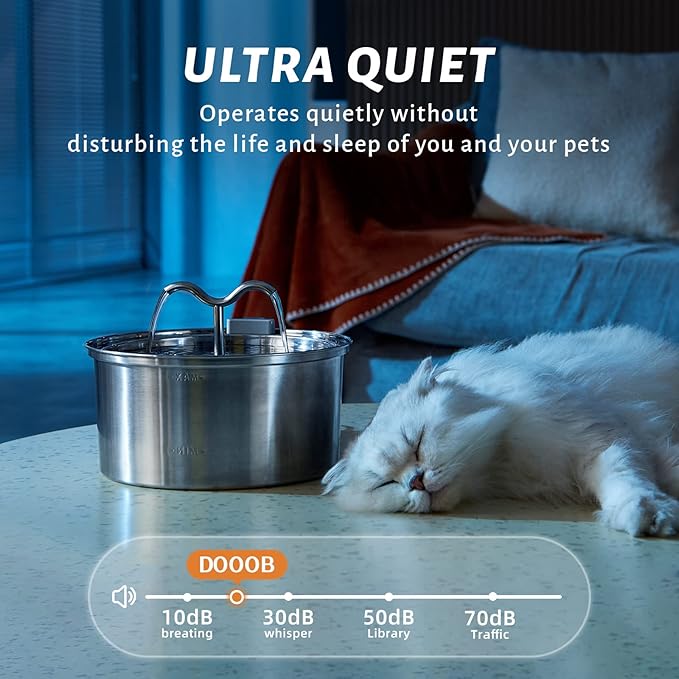 DOOOB Cat Water Fountain, 3.2L/108OZ Stainless Steel Pet Water Dispenser Automatic Metal Dog Drinking Fountains Water Bowl with 8 Filters & 8 Sponges and Ultra-Quiet Pump