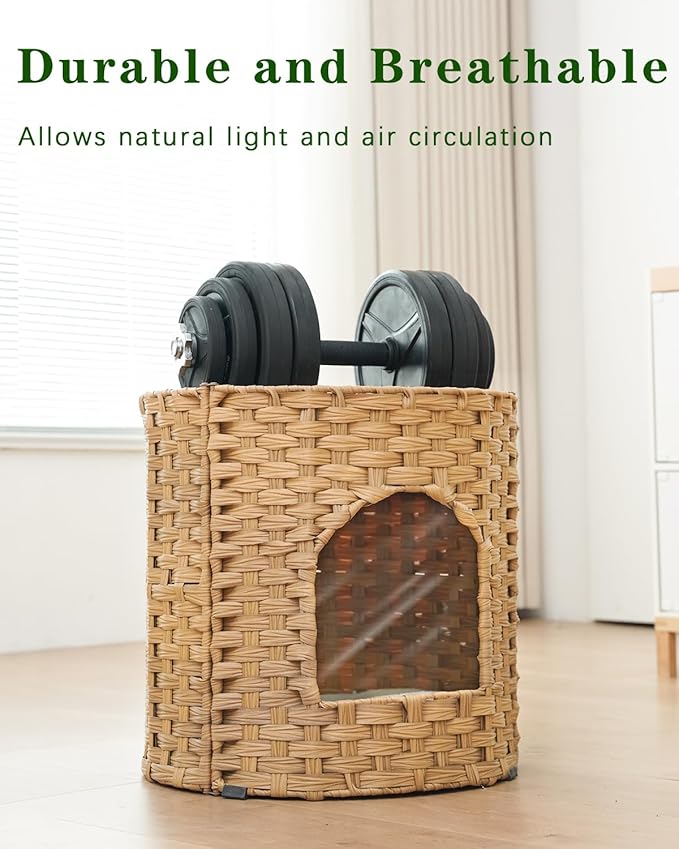 Cat House for Indoor Cat, Large Double Cat Houses Cat Bed Cave, Handwoven Rattan Pet Beds with One Soft Pad, 17 x 17 x 17 Inches Foldable Kitten Hideaway in Living Room Natural