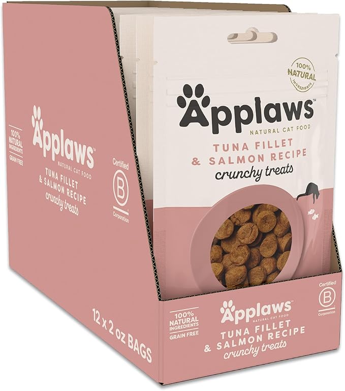 Applaws Natural Limited Ingredient Crunchy Cat Treats, High-Protein & Grain-Free Tuna & Salmon Snacks for Cats (12 x 2.0oz Bags)