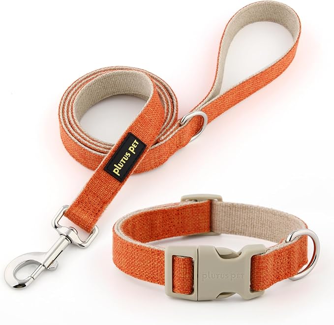 Plutus Pet Cotton Hemp Dog Collar and Leash Set, Adjustable Collar for Small, Medium, and Large Dogs, Heavy Duty and Soft on Skin, Orange, XL