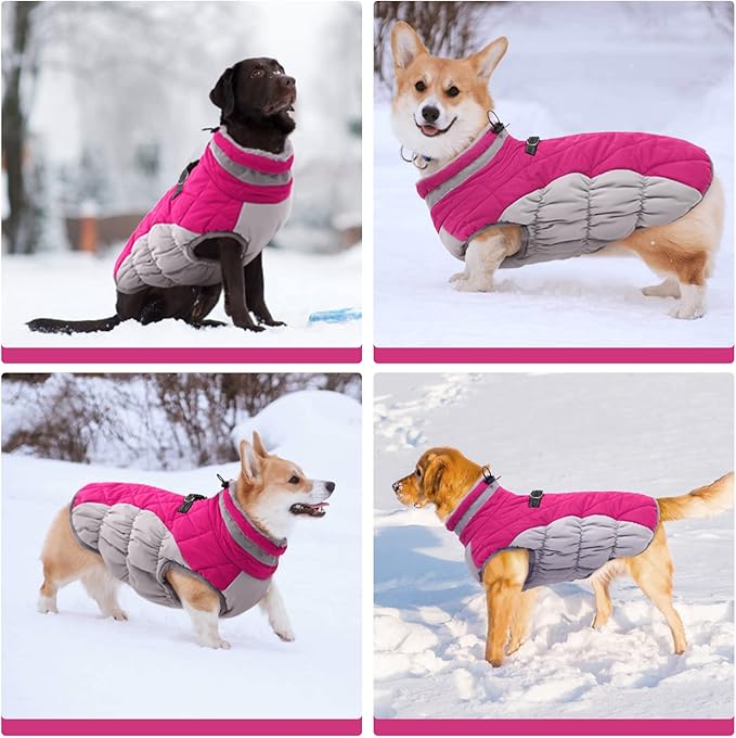 FUAMEY Dog Coat for Large Dogs,Waterproof Dog Winter Jacket with Harness Built in Puppy Cold Weather Coats Reflective Pet Vest with Zipper Warm Fleece Dogs Snowsuit Windproof Pink L