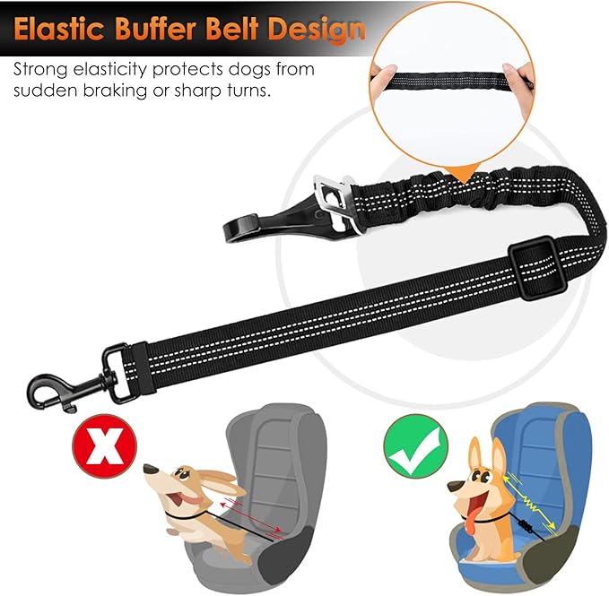 SlowTon Dog Seat Belt, Adjustable Dog Safety Belt Leash, 2 in 1 Latch Bar Attachment Dogs Car Seatbelt with Elastic Nylon Bungee Buffer, Reflective Nylon Belt Tether Connect to Dog Harness(B,35.5in)