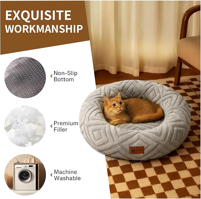 ShinHye Cat Bed - Washable Donut Bed for Cats and Small Dogs, Calming Round Pet Bed with Non-Slip Bottom, Indoor Comfort for Puppy & Kitten(LX-Grey-23x23)