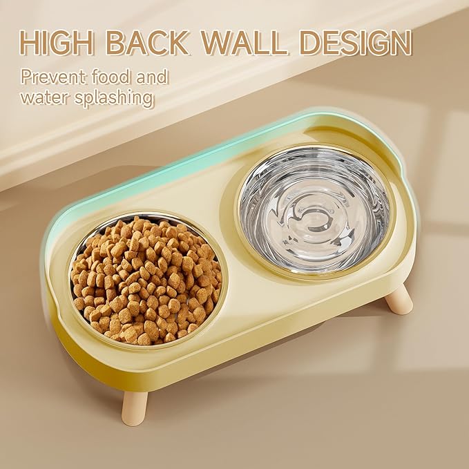 Elevated Cat Bowl, Raised Cat Food and Water Bowl Set for Indoor Cats, Splash Proof with 2 Stainless Steel Pet Food Bowls for Cats and Puppies, Whisker Fatigue and Dishwasher Safe - Yellow