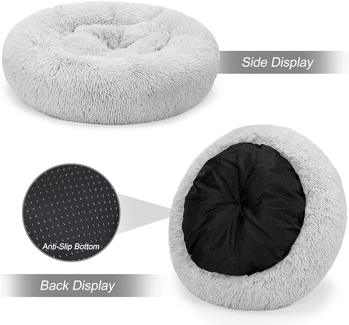 MIXJOY Calming Cat Beds for Indoor Cats, 20'' Kitten Donut Bed for Pet Up to 15lbs, Fluffy Small Cat Cuddler Bed, Anti-Anxiety Plush Faux Fur Large Cat Bed Washable (20'', Grey)