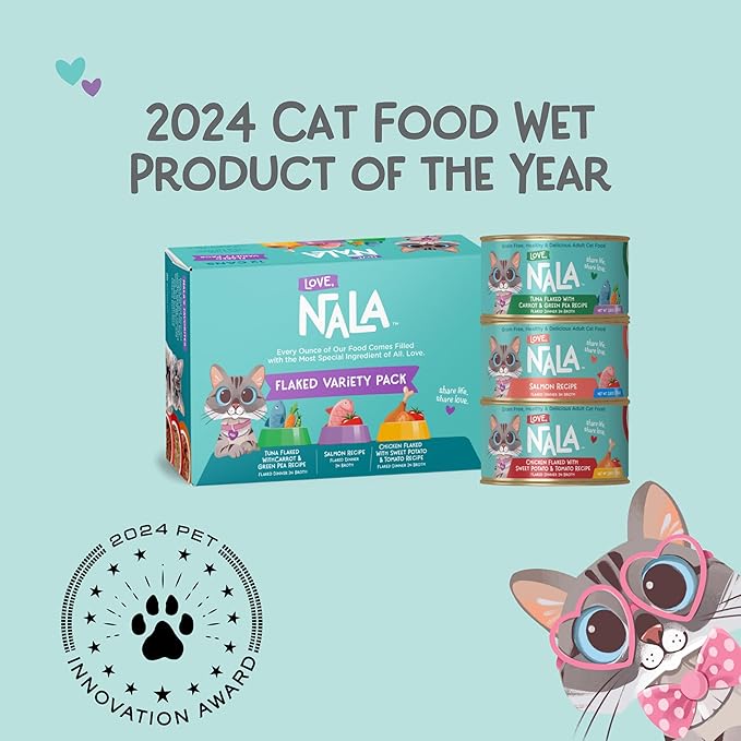 LOVE, NALA - FLAKED Fish Variety Pack - 24 Pack - Natural Adult Cat Wet Food - Grain Free, Non-GMO, Lean Protein, Omega 3, Added Minerals & Vitamins