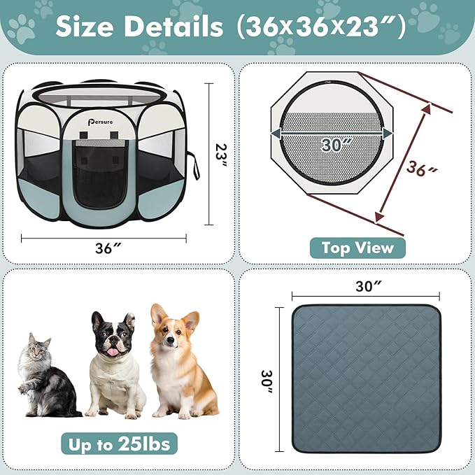 Dog Cat Playpen Indoor Outdoor for Puppy Pet Dogs Cat Recovery After Surgery, Dog Tent Crates Cage Indoor/Outdoor, Portable Pop Up Kennel with Carrying Case for Travel (Grey with Pad, Medium)