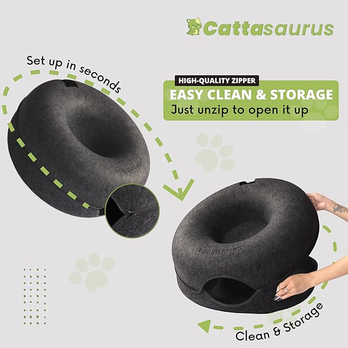 CATTASAURUS Peekaboo Cat Cave for Multiple & Large Cats Up to 30-45 Lbs, Scratch Detachable & Washable Tunnel Bed, Comfy Donut Cat Cave (Dark Gray, Large)