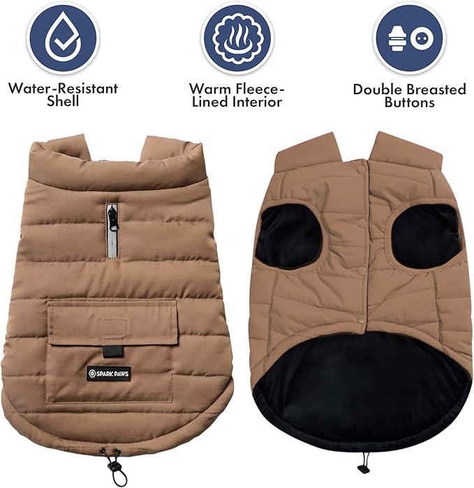 Spark Paws Dog Winter Jacket, Water-Resistant Coat, Warm Reflective Windproof Fleece-Interior, for Medium and Large Dogs - Tan - L