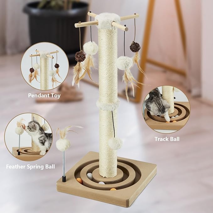 PEEKAB Cat Scratching Post Sisal Scratch Posts for Indoor Cats and Kittens with Tracking Ball Interactive Toys and Hanging Balls 25 Inches Beige
