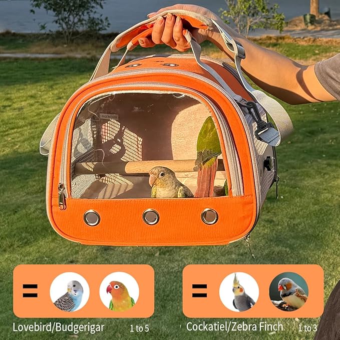 Bird Carrier,Bird Cage Parakeet Parrot Budgie Carrier Backpack for Small Birds, Travel Bird Cages with Perch, Transparent Ventilation Cockatiels, Lightweight Pet Carrier for Outdoor Use(Orange)