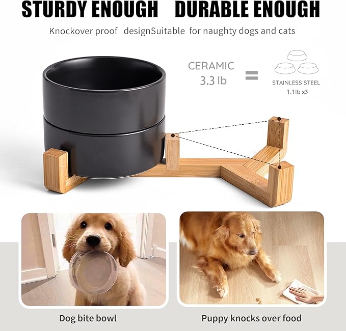 Black Ceramic Dog & Cat Bowl Set – 13.5 OZ with Wooden Stand, Non-Slip, Elevated Design for Small Dogs & Cats – 2 Bowls (Food & Water, Ceramic Pet Bowls, Modern Dog Bowls)