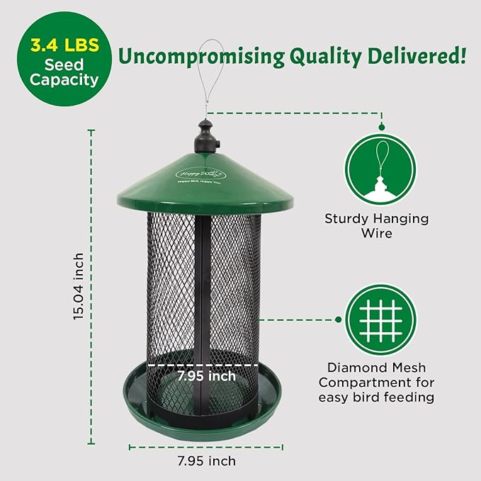 Portable Dual Mesh Metal Hanging Finch Bird Feeder - Durable & Heavy- Duty with 360° Perch & 2 Separate Seed Compartments - Holding Capacity: Upto 3.4 lbs (1.5 Kg) - (Natural Green)