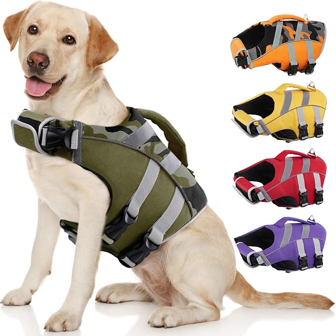 Kuoser Dog Life Jacket with Reflective Stripes - Adjustable High Visibility Vest, Ripstop Lifesaver, Pet Preserver with High Flotation Swimsuit for Small, Medium and Large Dogs