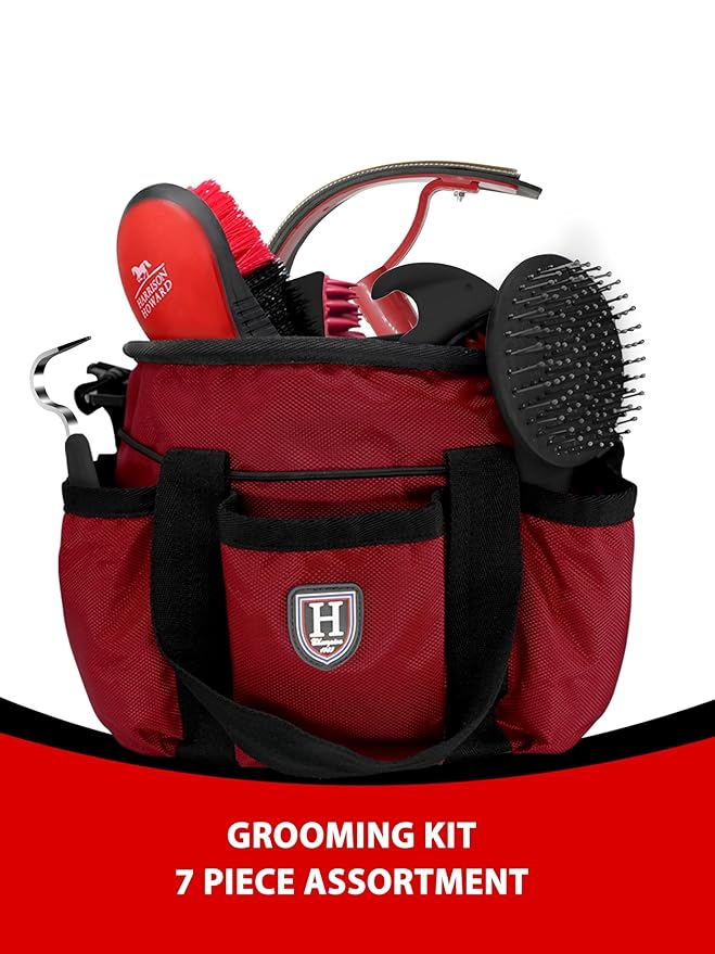 Harrison Howard Horse Grooming Brushes Kit 7 pieces with Organizer Tote Equine Care Series Horse Brush Sets Red