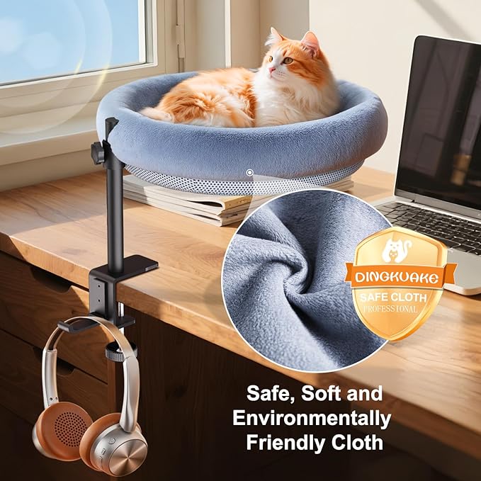 Cat Desk Bed, 360-Degree Rotating Hammock Perch, Cat Bed with Height Adjustable, Machine Washable, Gray