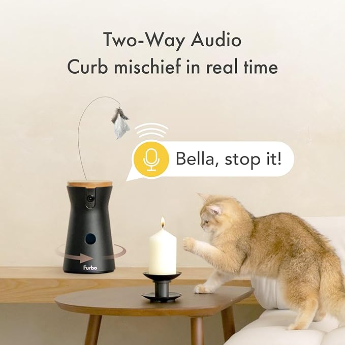 Furbo 360° Cat Camera: Pet Security Cam w/Meowing Alerts, Rotating View, Treat Toss w/Phone App, Smart Home Kitty Monitoring, 2-Way Speaker, No Subscription Needed. Standard See, Talk, & Toss Features