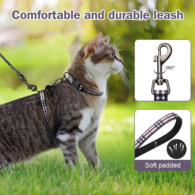 Hikiko Cat Harness and Leash Set Escape Proof Adjustable Walking Travel Soft Kitten Harness for Small Medium Large Cats (Khaki Plaid, S)
