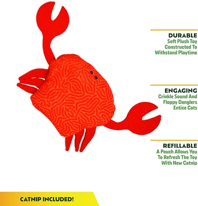 ZOOMIE Crab - Refillable Catnip Toy + Catnip | High Potency Hand Harvested Fresh | Soft Plush for Engaging Play