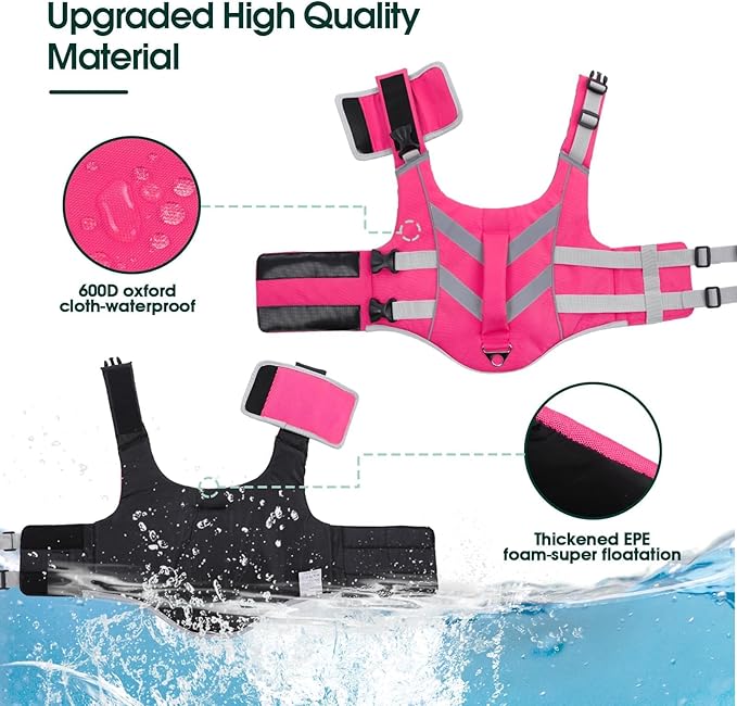 Kuoser Small Dog Life Jacket with Reflective Stripes, Adjustable High Visibility Dog Life Vest for Swimming & Boating, Pink XS