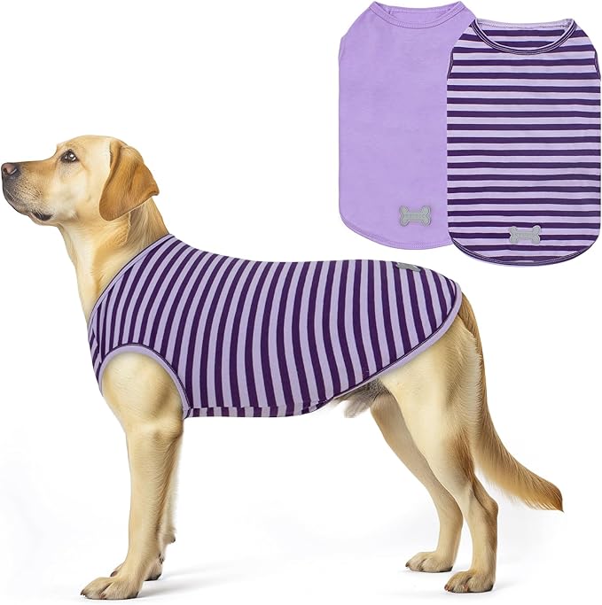 KYEESE 2Pack Dog Shirts for Medium Dogs Breathable Striped T Shirt Lightweight Sleeveless Doggie Vest Cotton Tank Top Stretchy Pet Clothes, XX-Large,Purple+Striped
