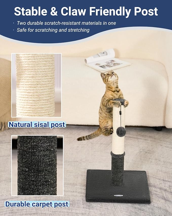 Happi N Pets Cat Scratching Post, Cat Scratcher for Indoor Cats, Sisal Scratching Post & Carpet Post in One, Stable Kitten Scratching Post with Replaceable Toy, Extra Free Toy, Smokey Gray