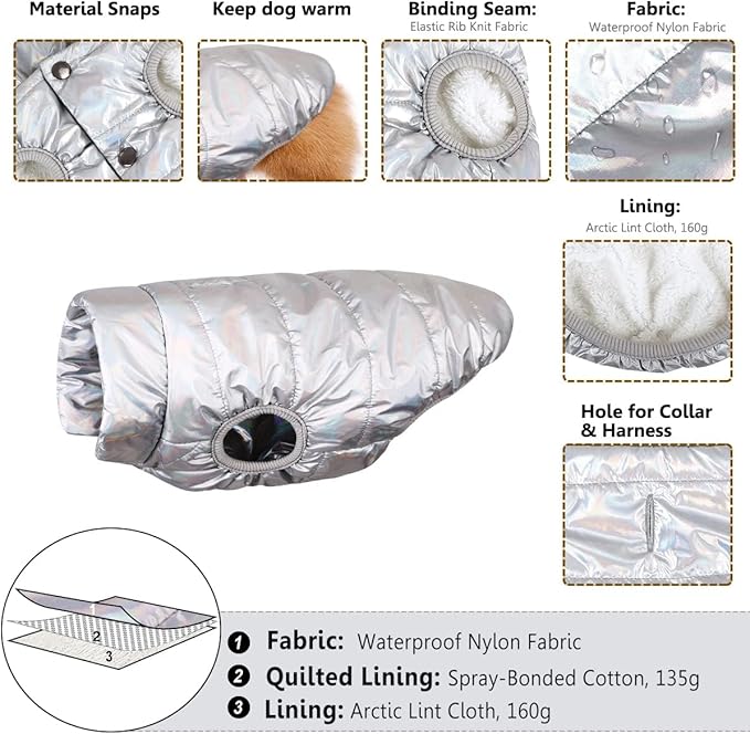 ASENKU Dog Winter Coat - Waterproof Windproof Dog Jacket, Warm Snowproof Doggie Puffer Vest for Cold Weather, Lightweight Snow Coats for Small Medium Large Dogs (Silver, L)