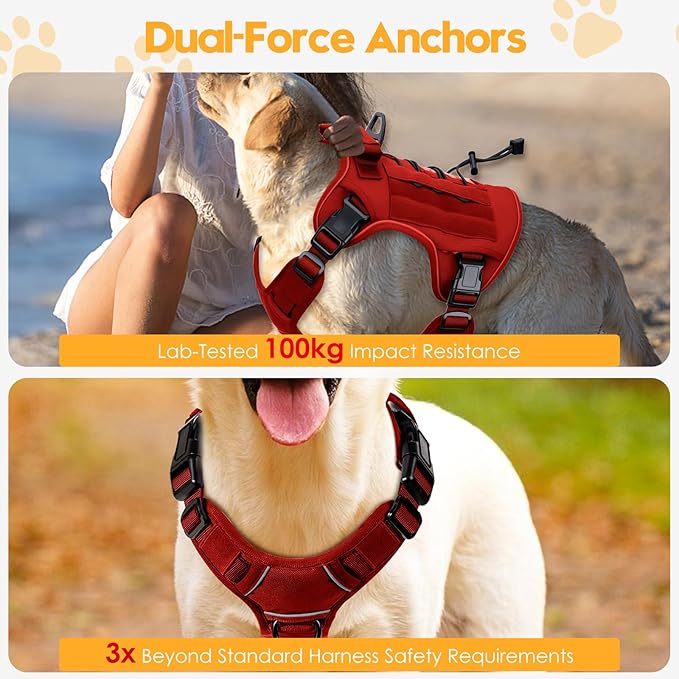 Heavy-Duty Tactical Dog Harness for Large Dogs, No Pull Adjustable Reflective Pet Vest with Molle System, K9 Military-Grade Control for Service Training, Outdoor & 10+ Breeds, Red, X-Large